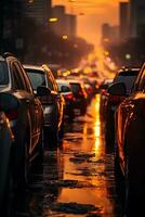 verticaal achterzijde visie beeld van een stormloop uur verkeer jam Aan een regenachtig avond stad Laan onder oranje zonsondergang lichten foto