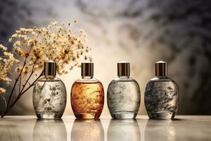 vier elegant glas parfum flessen Aan een grijs verlichte achtergrond foto