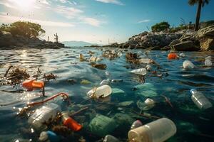 rivier- mond vervuild met plastic afval. ecologie concept, generatief ai foto