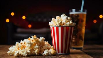 popcorn en Frisdrank in voorkant van scherm foto