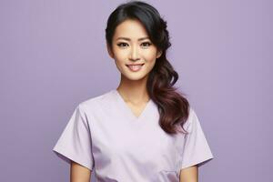 portret van een mooi jong Aziatisch vrouw in een medisch pak Aan een grijs achtergrond foto
