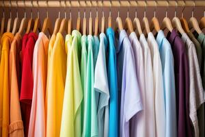 verschillend kleurrijk t overhemden Aan een hanger in de kast. regenboog gekleurde katoen garderobe foto