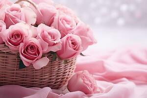 boeket van roze rozen in een mand Aan zijdezacht kleding stof Aan zacht focus achtergrond foto