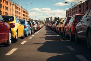 veel kleurrijk auto's staan in een lijn in de parkeren veel van een auto dealerschap. foto