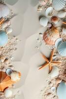 zee themed verticaal banier met zeester, zand, zee schelpen, top visie met kopiëren ruimte foto