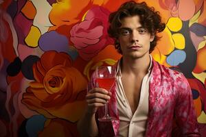knap gekruld brunette Mens in een roze glimmend overhemd met een glas van drinken Aan een geschilderd achtergrond foto