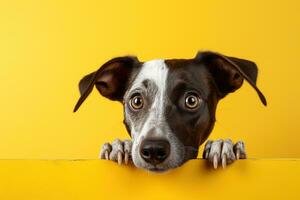 schattig jong bang bruin en wit hond gluren uit tegen een helder geel achtergrond foto