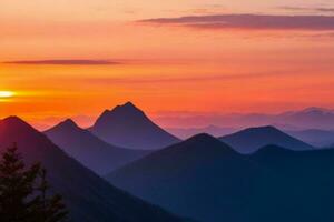 berg silhouetten Bij zonsondergang. ai generatief pro foto