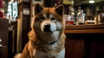 schattig bruin oranje wit shiba inu hond zitten en op zoek Bij de camera Bij huis achtergrond. ai gegenereerd foto