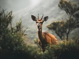 chital hert of bruin en wit gevlekte hert op zoek Bij de camera van de struik, natuur achtergrond. ai gegenereerd. foto