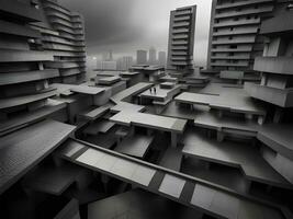 3d renderen van een verontreiniging stad in zwart en wit foto