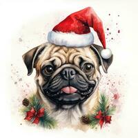 schattig hond waterverf portret. gelukkig mopshond in Kerstmis hoed. afdrukbare sjabloon voor spandoeken, affiches, sublimatie, t-shirts, tuimelaars, Kerstmis en groet kaarten. ai gegenereerd. foto