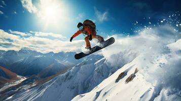 snowboarden. spannend springt en trucs in besneeuwd terrein foto
