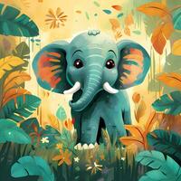 schattig olifant in de tropisch oerwoud, voor verhalenboek, kinderen boek, poster, verjaardag element, uitnodiging kaart enz. foto