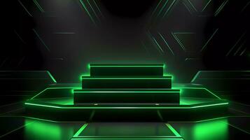 podium met futuristische groen neon verlichting wetenschap stadium achtergrond. 3d weergegeven wetenschap technologie vitrines. foto