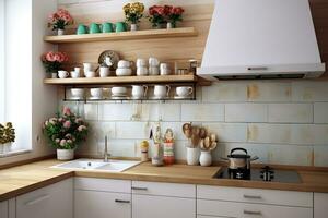 interieur van licht keuken met het wassen machine, tellers en dining tafel generatief ai foto