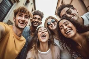 multicultureel vrienden nemen selfie foto met mobiele telefoon buiten - gelukkig jong mensen hebben pret hangende uit Aan stad straat - zomer vakantie concept met jongens en meisjes genieten van generatief ai