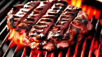 gegrild rundvlees steak Aan barbecue rooster met vlammen . generatief ai. foto