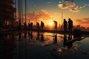 silhouet van ingenieur en arbeider team Aan bouw plaats, generatief ai foto