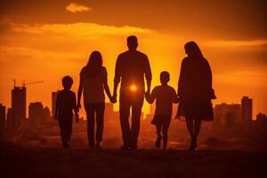 silhouet van een gelukkig familie met kinderen Aan natuur generatief ai foto