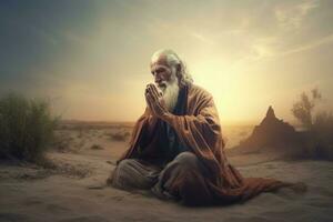 Mens bidden religieus in woestijn. genereren ai foto