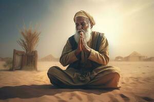 Mens bidden in woestijn. genereren ai foto