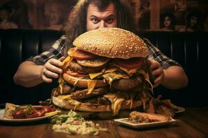 Mens aan het eten reusachtig hamburger tafel. genereren ai foto