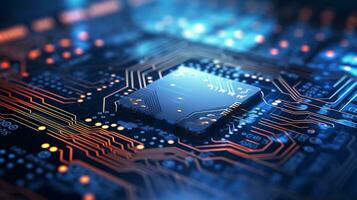 detailopname van elektronisch stroomkring bord met CPU microchip elektronisch componenten achtergrond ai generatief foto