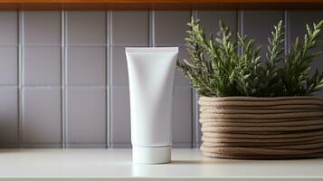 huid zorg Product fles, lotion ,shampoo, gezicht wassen met bloemen achtergrond ai generatief foto