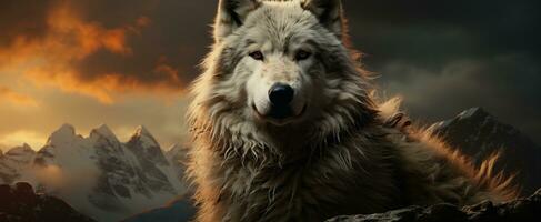 een reusachtig wolf met berg ai generatief foto