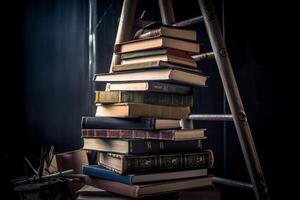 voorkant visie van gestapeld boeken, een diploma uitreiking pet en ladders voor onderwijs dag ai generatief foto