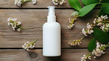 huid zorg Product fles, shampoo, lotion, met neurale achtergrond ai generatief foto