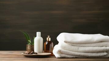 handdoeken met shampoo, conditioner, douche melk en handgemaakt zeep Aan neutrale achtergrond. spa concept ai generatief foto