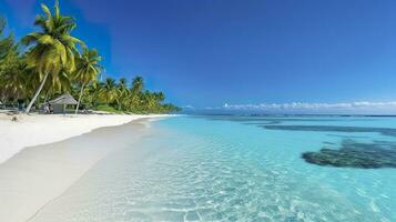 tropisch paradijs strand met wit zand en kristal Doorzichtig blauw water. mooi natuurlijk zomer vakantie vakantie achtergrond. reizen toerisme breed panorama achtergrond concept. ai generatief foto