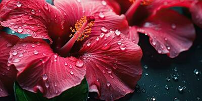 detailopname hibiscus met druppels water behang. gemaakt met ai gereedschap foto
