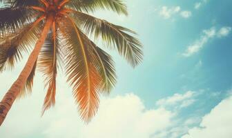 tropisch landschap met een prominent palm boom onder een enorm blauw uitgestrektheid. gemaakt met ai foto
