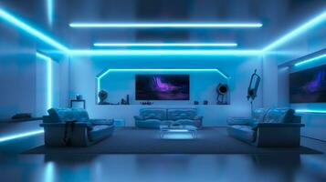 leeg muur in een futuristische sci fi leven kamer met licht geel, licht cyaan, en licht blauw neon. ai generatief foto