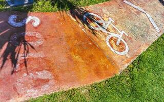 fiets symbool teken Aan grond van een fiets rijbaan Mexico. foto