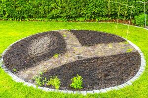 tuin met ronde bedden bodem jong spruiten planten in duitsland. foto