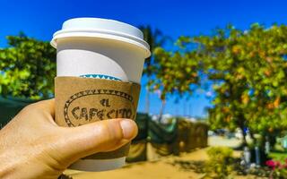 puerto escondido oaxaca Mexico 2023 koffie naar Gaan mok Bij tropisch natuur palm bomen Mexico. foto