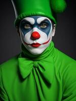 mime Mens rood, geel, groente, roze, blauw en kleurrijk verf gezicht sportief ventilator clown circus portret kunst, ai gegenereerd foto