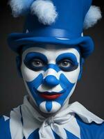 mime Mens rood, geel, groente, roze, blauw en kleurrijk verf gezicht sportief ventilator clown circus portret kunst, ai gegenereerd foto