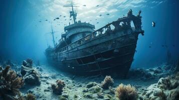 griezelig schipbreuk resting Aan de oceaan vloer, omringd door marinier leven foto