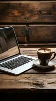 koffie en laptop Aan een houten tafel foto