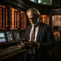 zakenman controle voorraad markt Aan telefoon foto