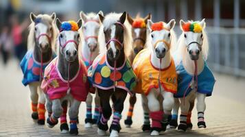 een groep van stokpaardjes bekleed omhoog Aan een veld- foto