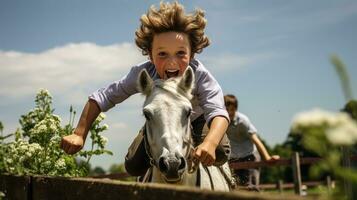 een jongen jumping over- een horde met zijn hobby paard foto