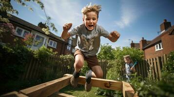 een jongen jumping over- een horde met zijn hobby paard foto