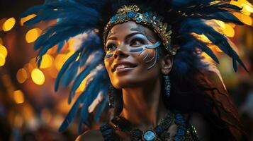 kleurrijk maskers en veren sieren dansers Bij Rio carnaval foto
