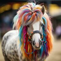 detailopname van een hobby paard met een kleurrijk manen en teugels foto